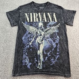 Nirvana Women's Stone Wash Black Retro 90s Grunge Indie Rock Tee Size Small
